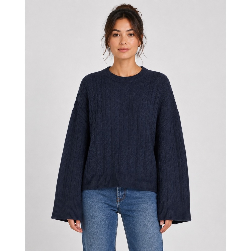 H&M Divided Navy Blue Cable Knit Bell Sleeve Sweater Size M NWT Casual Preppyy